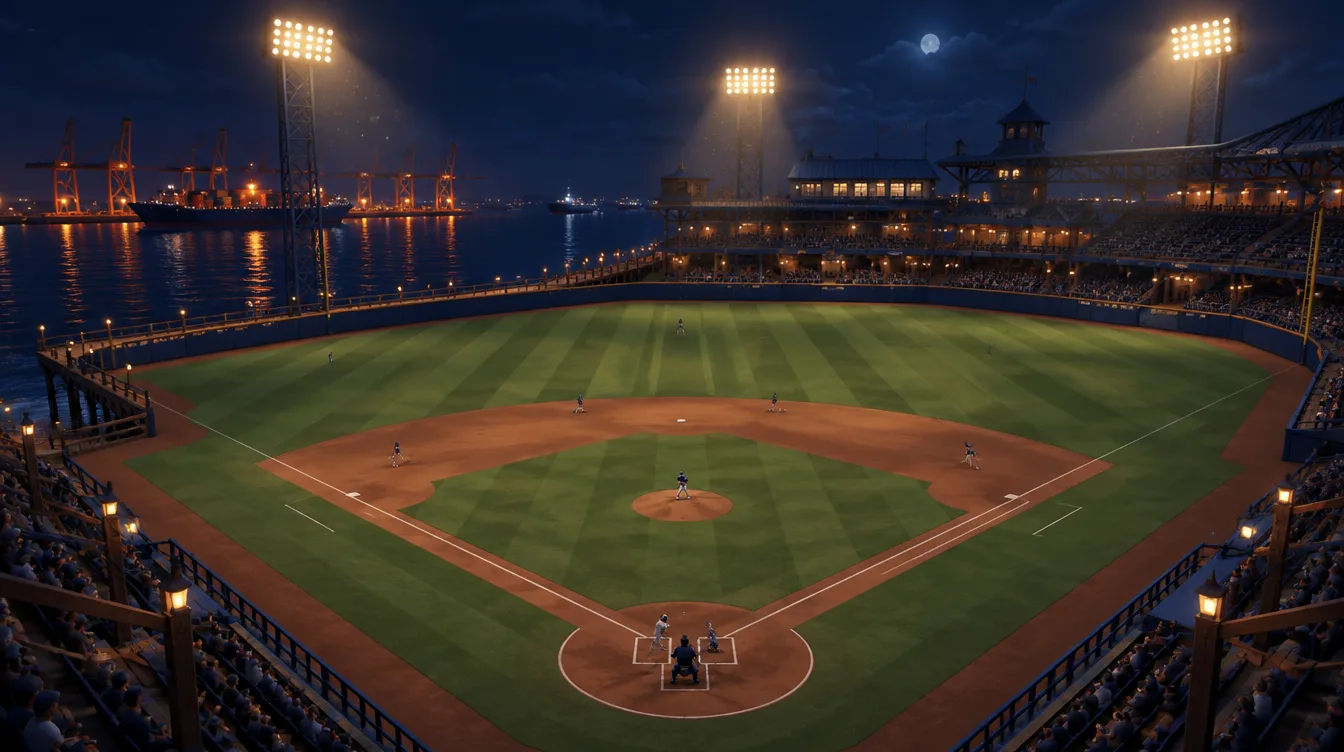 Pier Nine Park di atas tiang dermaga, derek kargo dan lampu kapal di balik outfield kiri.